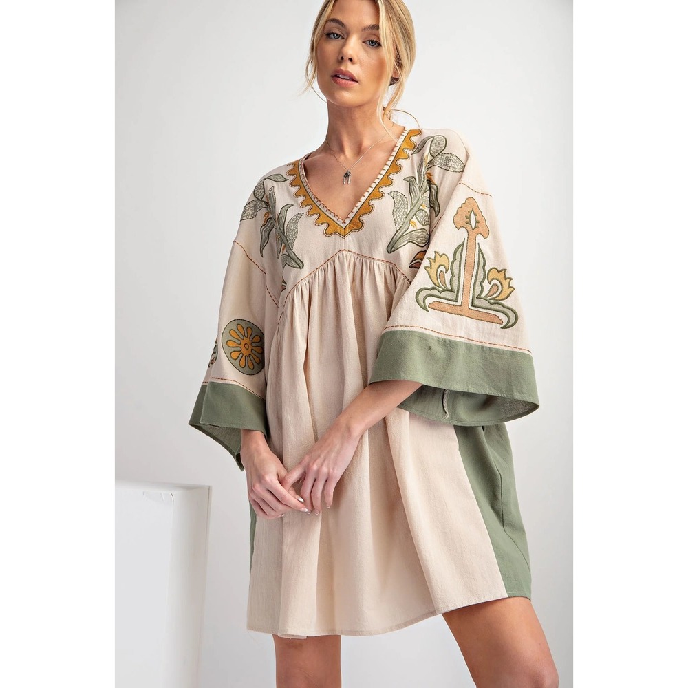 Easel Womens Embroidered Babydoll Tunic Dress Size M Beige Green Boho Gauzy Mini